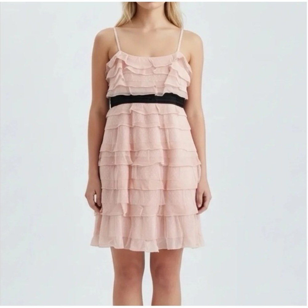 Pink Tiered Ruffle Mini Dress Swiss Dot Mesh Black Waist Ribbon Cocktail Dress